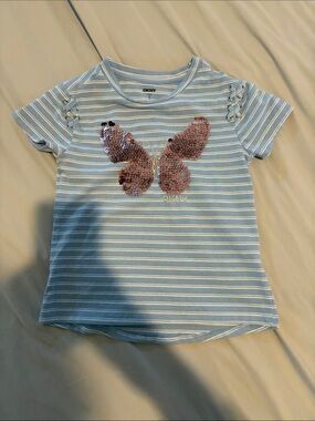 DKNY Girls' Blue Striped Butterfly Sequin Tee Size S